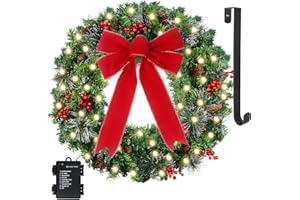 GAMEXCEL 24in Prelit Christmas Wreath for Front Door Christmas Decorations- Timer 8 Light Modes- Battery Operated Lighted Christmas Door Wreath Pre-Decorated with 50 Lights Pinecone Berries Bow Hanger