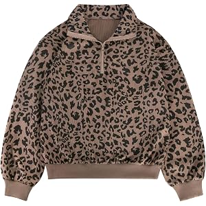 Ecolala Girls Leopard Corduroy 1/4 Zip Oversized Sweatshirt 7-14 Years | Ribbed Animal Print Long Sleeve Pullover Fall Winter