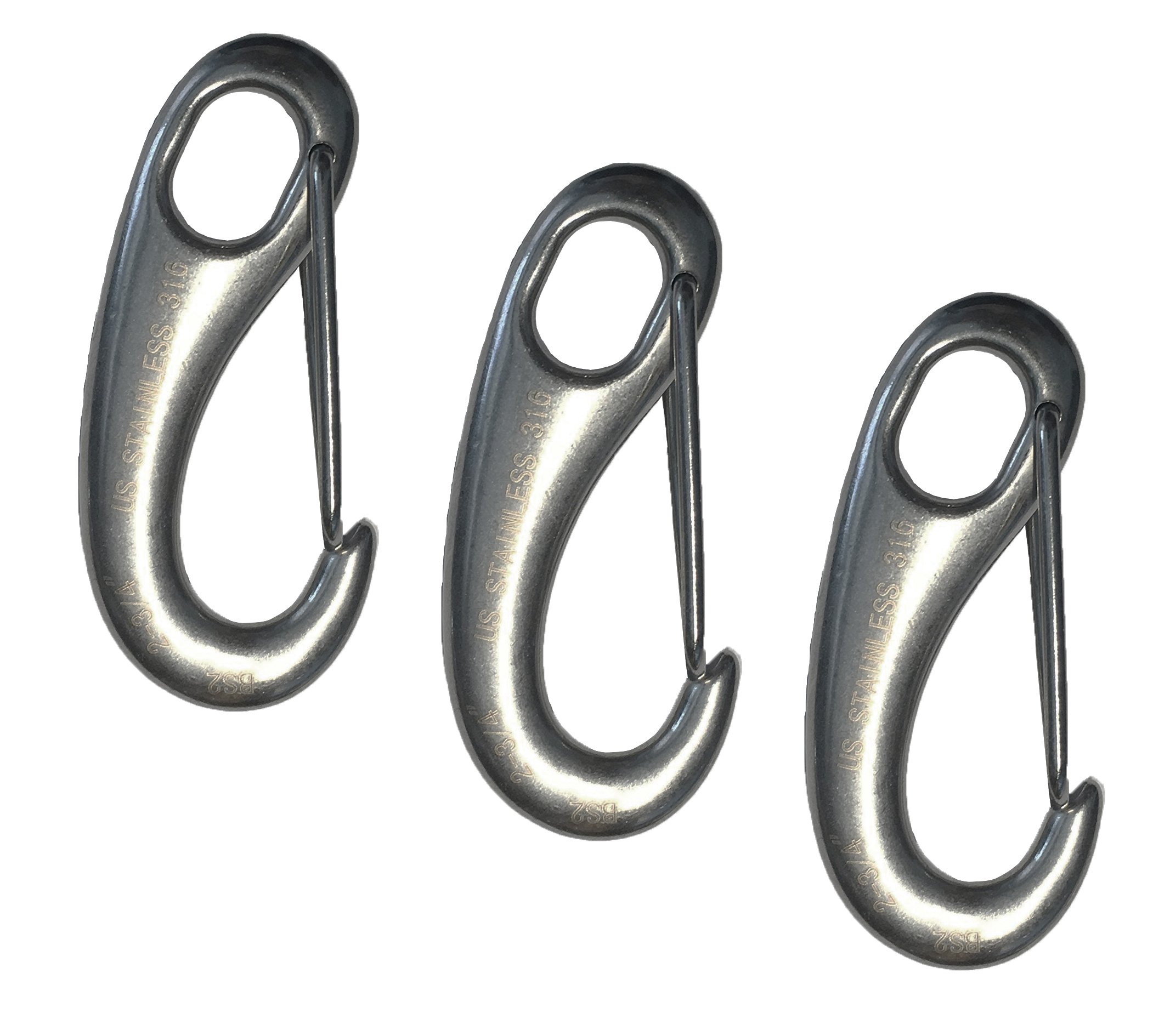 US Stainless 3-Piece 316 Marine Grade Stainless Steel Lobster Clasp CARABINER, Corrosion Resistant, Durable, Ideal for marine environments, hiking, camping