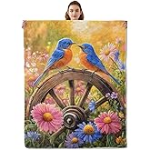 Kibue Blue Bird & Flowers Blanket, Soft & Warm Flannel Throw - Cozy Plush Lightweight Blankets for Travel, Decor, Bedroom, Office, Sofa for Adults Kids - Ideal for All Seasons 60"×50"