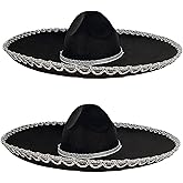 GiftExpress 2-Pack Adult Black Sombrero Hat, 18-Inch Wide – Mariachi-Style Costume Sombrero with Silver Braid Trim, Polyester, One Size Fits Most