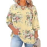 Rapbin Womens Plus Size Tops 3/4 Length Sleeve Shirts Crewneck Dressy Casual Blouses Trendy Keyhole Tunic Top XL-5XL