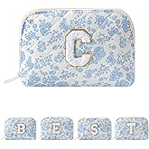 JOVAKIT Conch Alphabet Makeup Bag Cosmetic Bag for Women, Christmas Gifts for Women Girls, Blue Floral Coquette Travel Bag, Zipper Make Up Pouch Organizer Trendy Stuff (Blue Floral C)