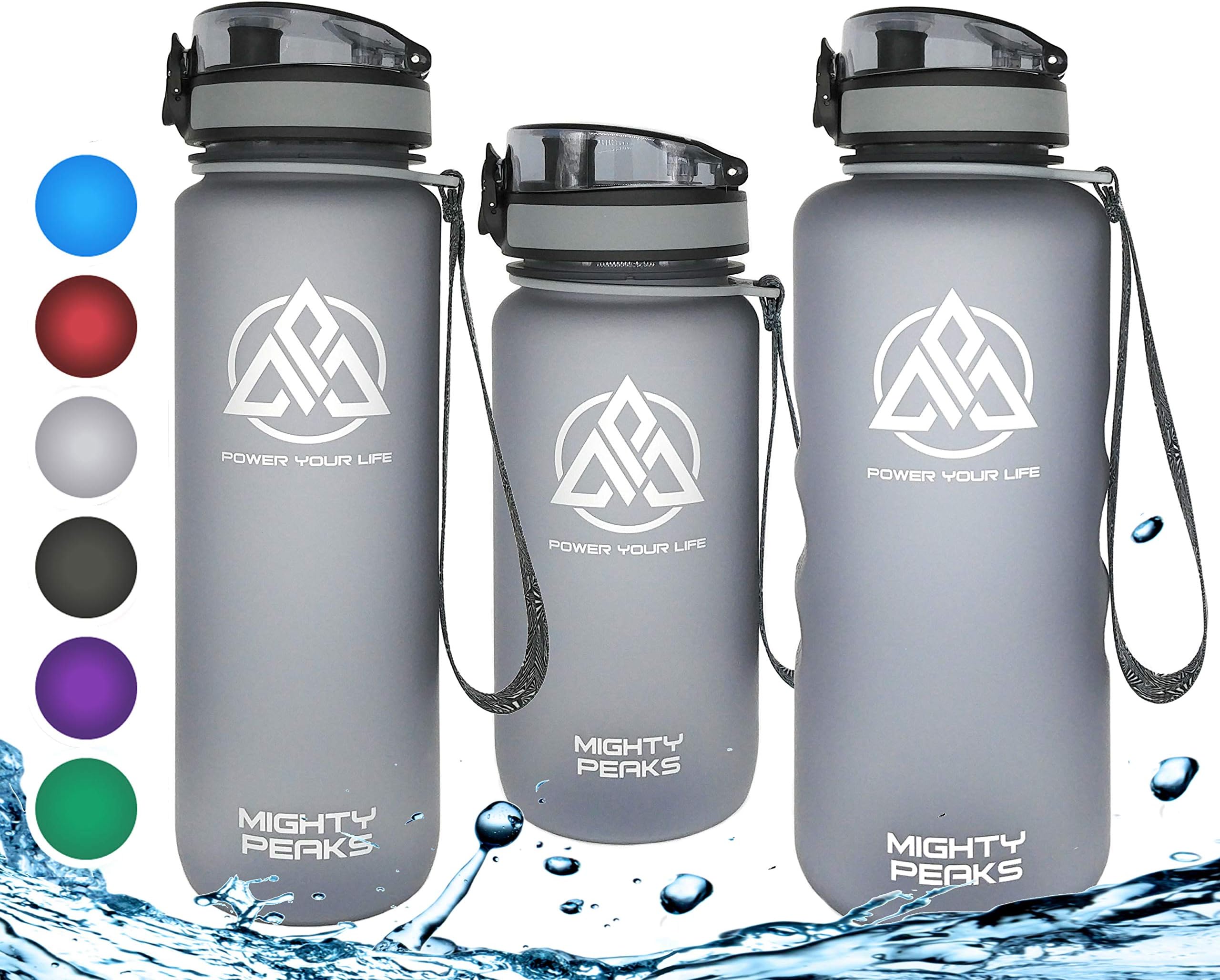 MIGHTY PEAKS Leak-Proof BPA Free Drinking Water Bottle with Volume Marker | Removeable Fruit Strainer | One Click Open with Flip Top Lid and Fast Flow | Non-Toxic, Durable | 22oz / 34oz / 50oz