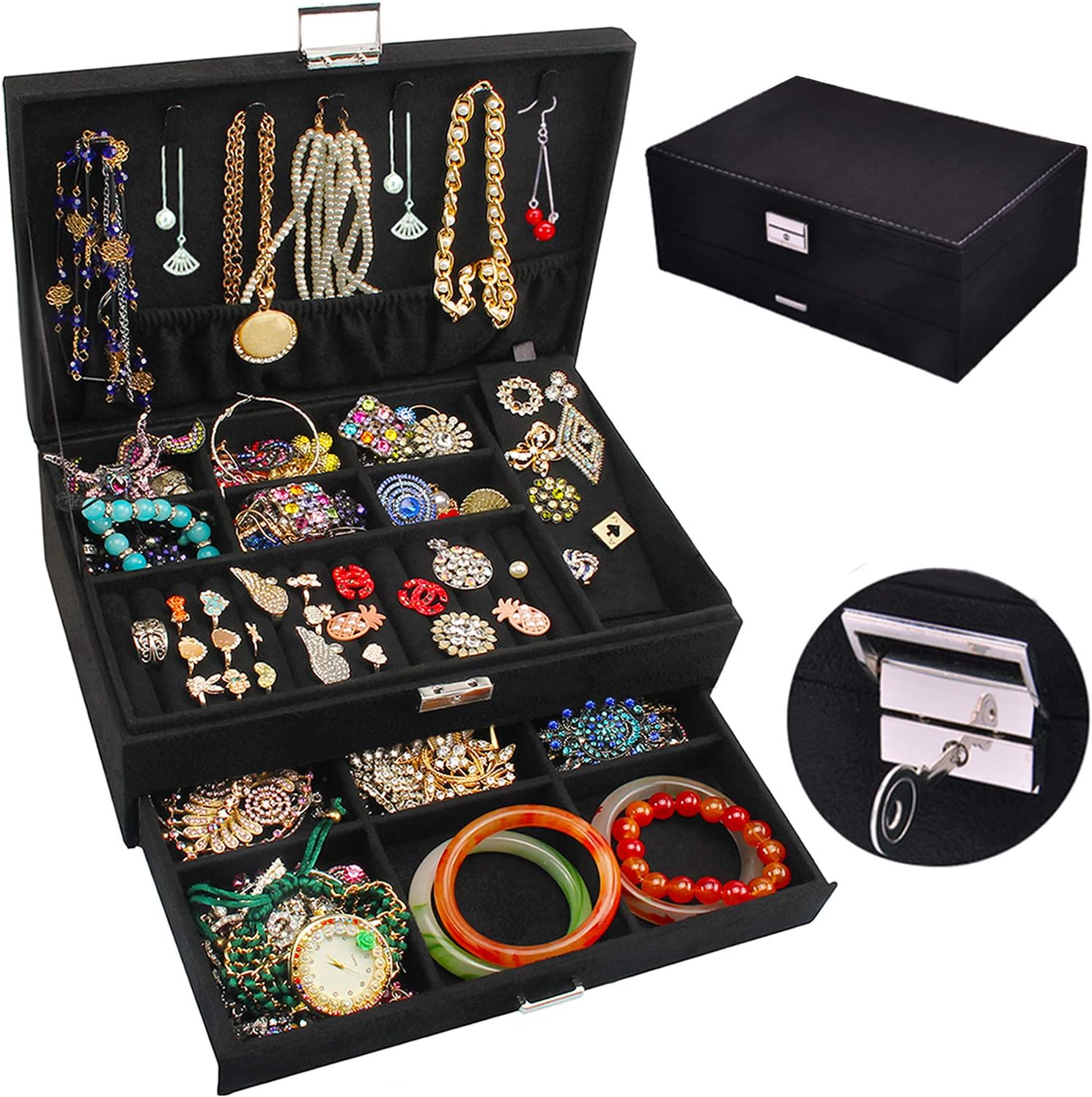 Jewelry Box Organizer, QBeel 53 Compartments Velvet Large Necklace Jewelry Storage Organizer with Drawer Lock Women Jewelry Display Holder Case for Earrings Bracelets Rings Necklace Watches - Deep Black