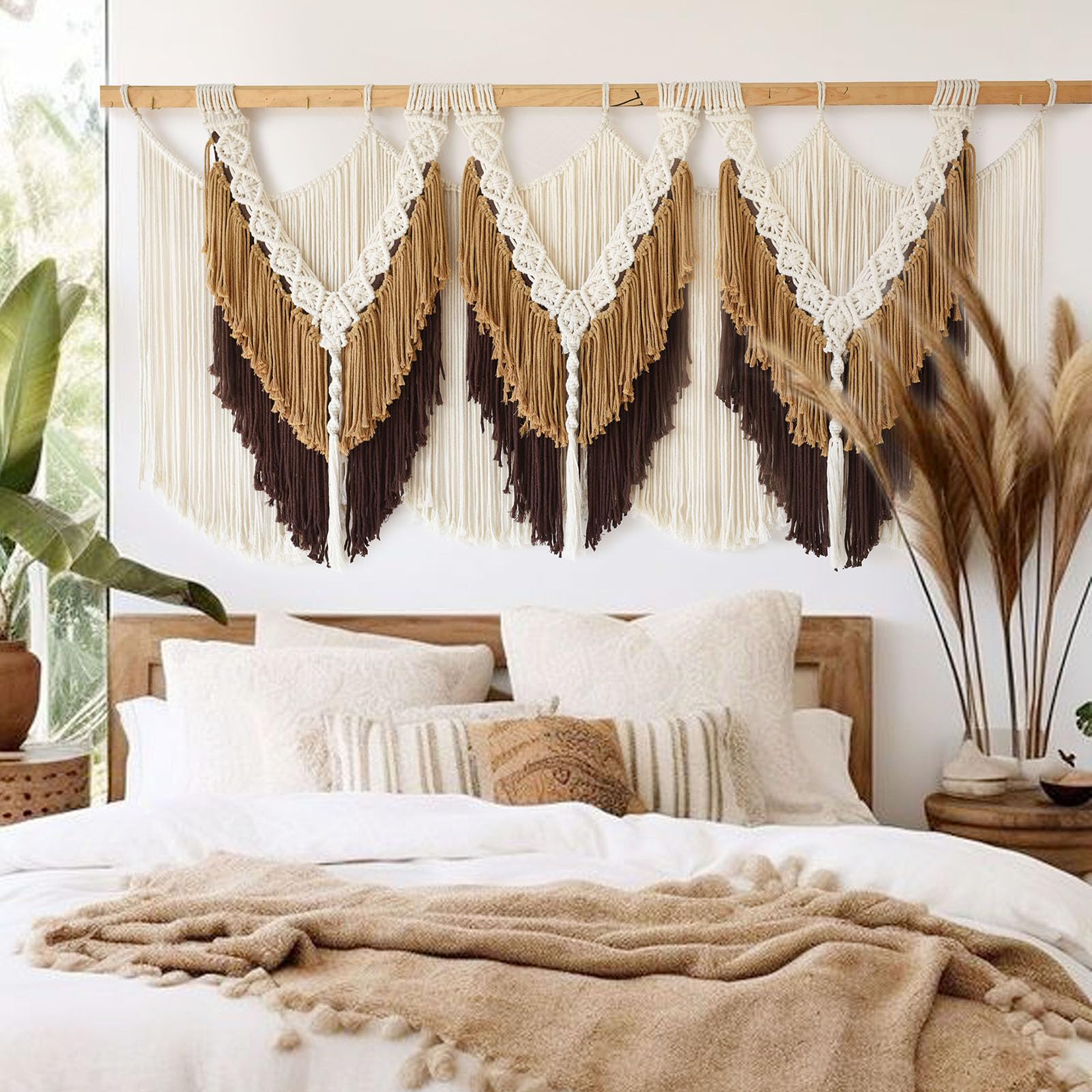 Photo 1 of Macrame Wall Hanging Boho Wall Hanging Brown Dorm Wall Decor Craftsmanship Handmade Tassel Knotting Boho Fiber Art Home Room Decor 47" W x 25" L