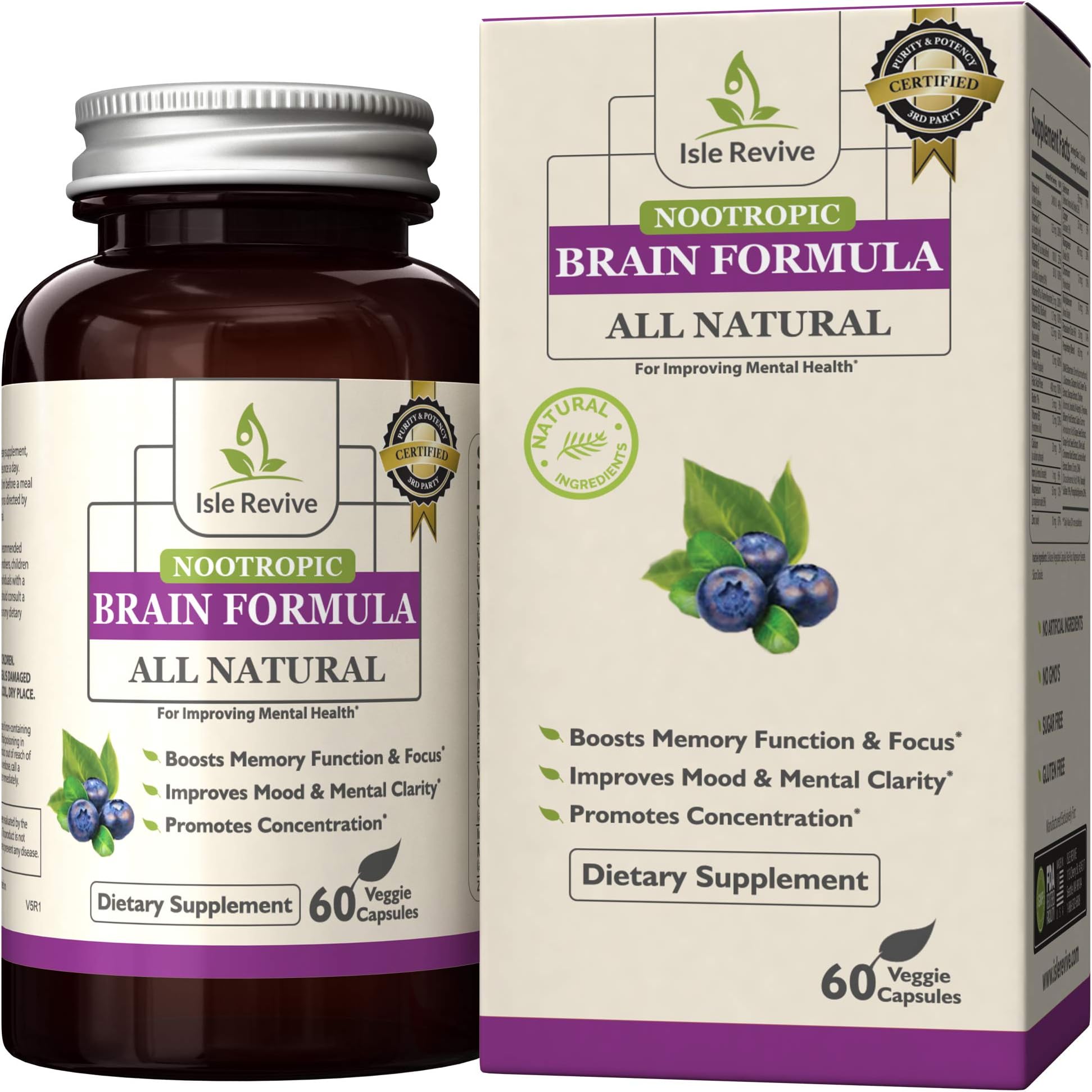 Isle Revive Nootropic Brain Formula – Natural Dietary Supplement for Mental Health, Memory Function and Focus, Clarity, Concentration (60 Capsules, 30 Day Supply)
