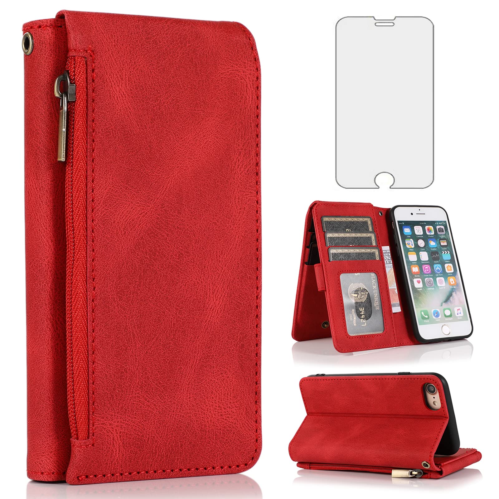 Compatible with iPhone 7/8/SE 2020/2022 Wallet Case Tempered Glass Screen Protector Zipper Leather Flip Cover Card Holder Stand for iPhone7 iPhone8 SE2020 SE2022 2/2nd/3/3rd SE2 SE3 Women Men Red