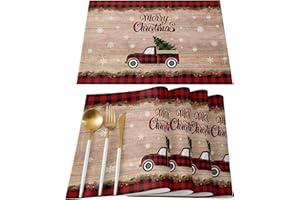 Vandarllin Christmas Tree Farmhouse Placemats Set of 6, Red Buffalo Plaid Truck Cotton Line Stain Resistant Table Mats Washable Holidays Merry Xmas Placemat Decoration for Kitchen Dining Table