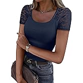 ANRABESS Womens Short Sleeve Shirts Scoop Neck Lace Going Out Tops Slim Fit Rib Knit Casual Tee 2026 Summer Fashion Outfits
