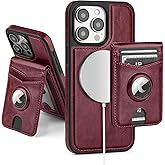 SkyEagle Compatible with MagSafe iPhone 15 Pro Max Case Wallet with AirTag Holder,2 in 1 PU Leather Magnetic Detachable RFID Blocking Credit Card Holder Flip Cover Kickstand for Men Women,Wine Red