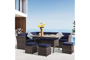 YOCONYO Patio Furniture Set, 7 Pieces Outdoor Dining Sets, All Weather Rattan Conversation Set, Outdoor Dining Sectional Sofa with Large Dining Table, Ottoman (Brown-Navy, A-7 Pieces)