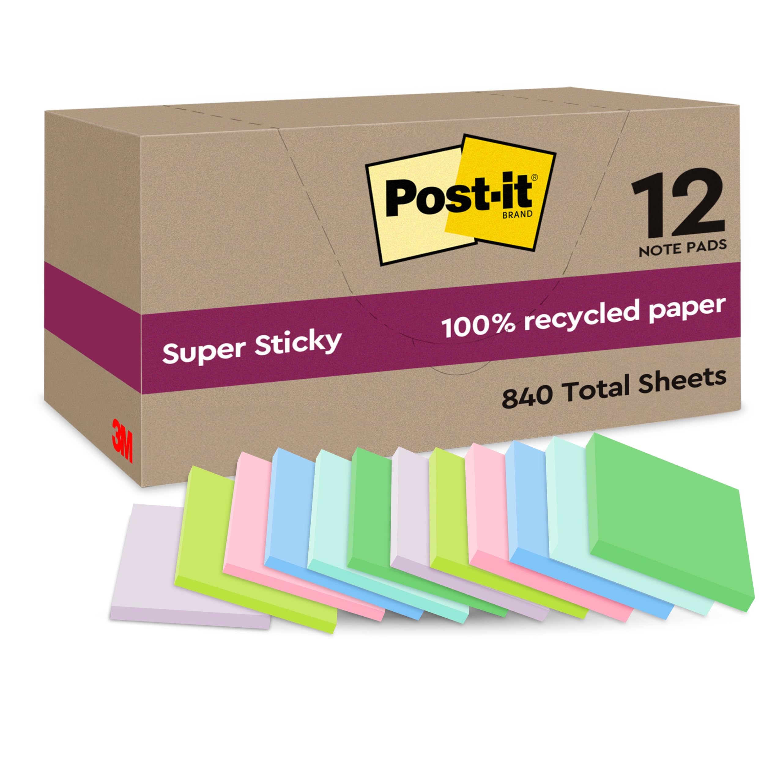 Post-it Super Sticky 100% Recycled Notes, Pack of 12 Pads, 70 Sheets per Pad, 47.6 mm x 47.6 mm, Pink, Green, Blue, Purple, Yellow - Extra Sticky Notes Made from 100% Recycled Paper