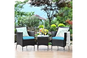Tangkula 3 PCS Patio Wicker Rattan Furniture Set, Outdoor Rattan Conversation Set with Coffee Table, Chairs & Thick Cushions,