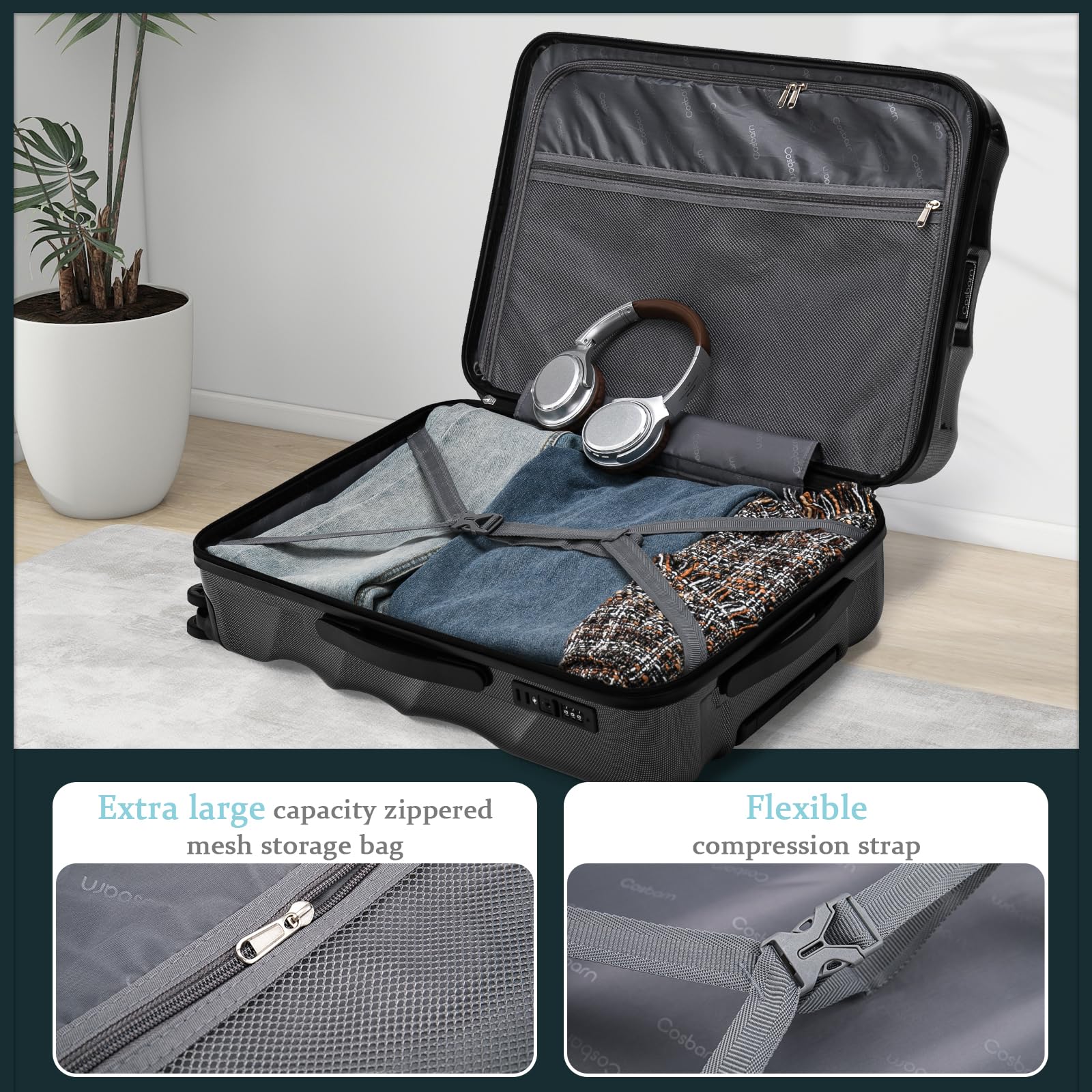 Cosbarn Luggage Sets 2 Piece Suitcases with Wheels, Suitcase Set, ABS+PC Hardshell Luggage with Phone Holder Durable Travel Luggage with TSA Lock Spinner Wheels