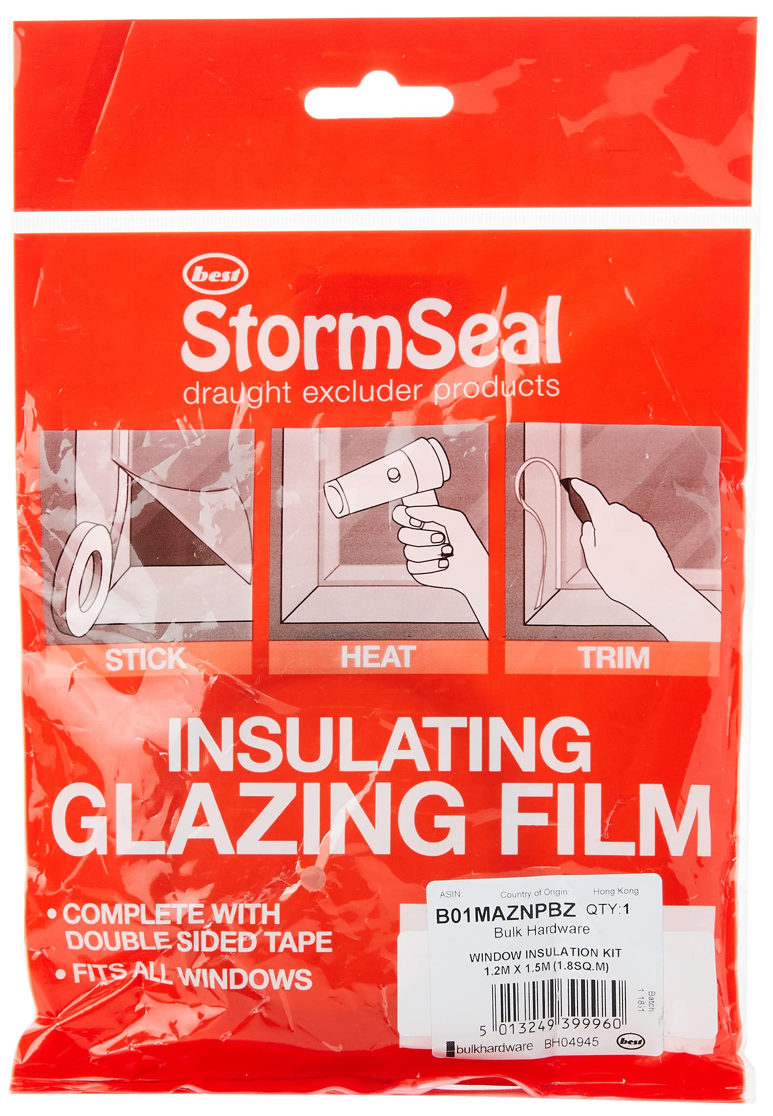 Merriway BH04945 StormSeal Window Insulation Secondary Double Glazing Shrink Film Kit, Supplied with Double-Sided Tape, Covers 1.2 x 1.5 Metres 1.8 Sqm (3'11 inch x 4'11 inch/ 19.2sq ft)