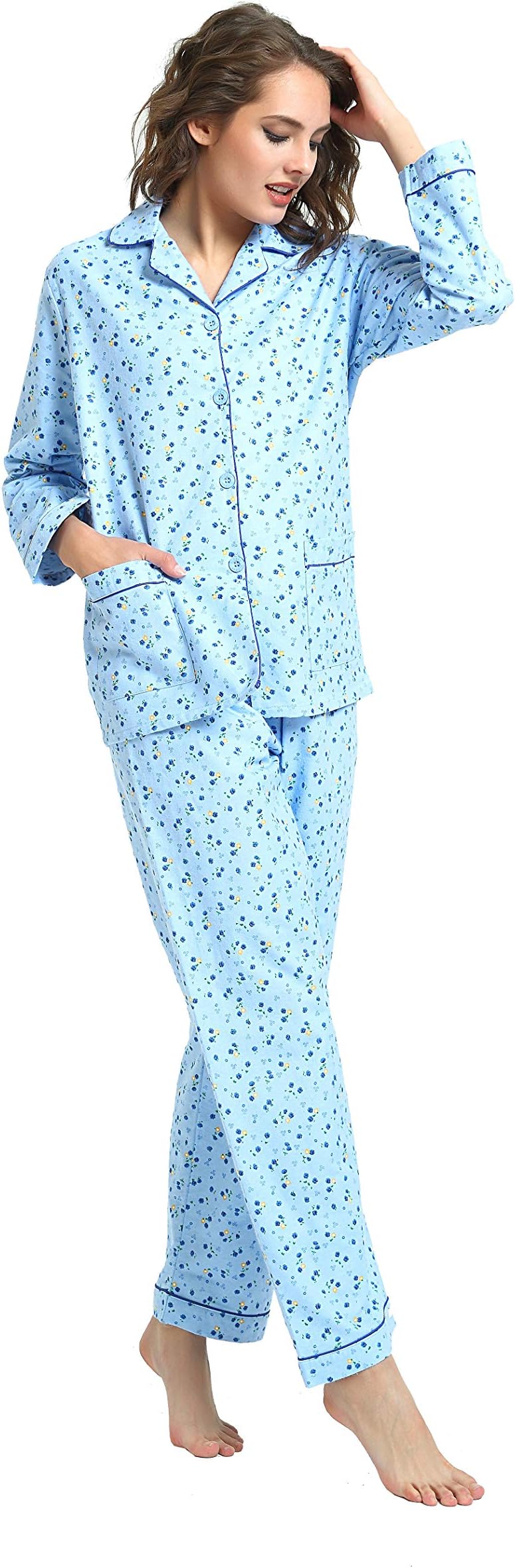 Women Pyjamas Set 2-Piece 100% Cotton Cosy Flannel Pj Set of Loungewear Button Front Top Pants