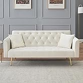 71" Modern Velvet Sofa Bed Futon, Convertible Sleeper Couch, Adj. Backrest | Tufted Recliner Loveseat Design with Golden Chrome Legs &amp; 2 Pillows, Perfect for Small Spaces, Living Room, Apartment