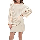 EZAPINE Womens Sweater Skirt Set Oversized Casual Loose Knit Sweater Pleated A Line Mini Skirt 2 Piece Outfits