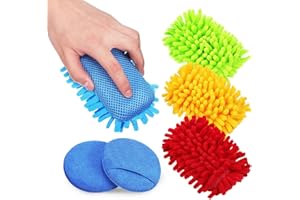 Ipetboom 4Pcs Chenille Cleaning Sponges Double-Sided Eraser with Car Sponge Wax Applicator Pads for Gentle