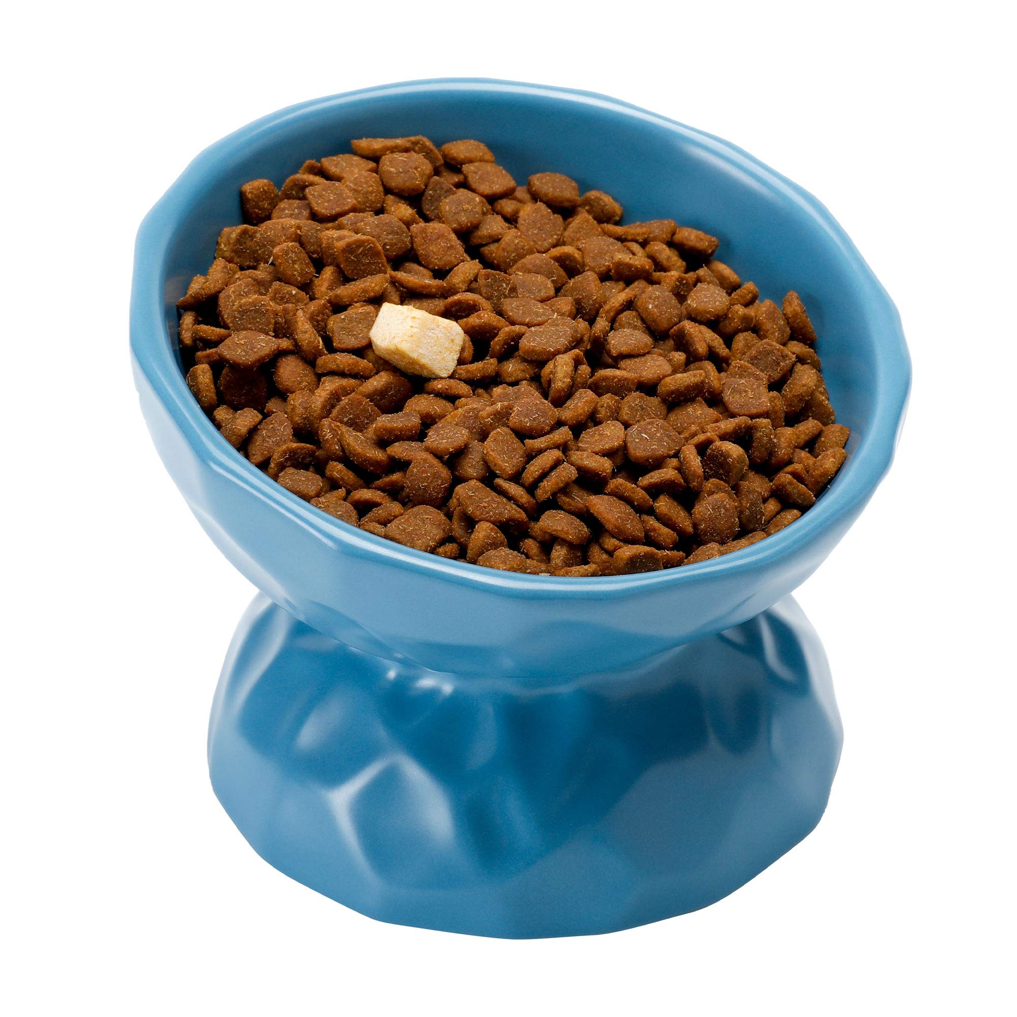PETTOM Ceramic Cat Bowls Single Raised Cat Food Water Bowl Tilted Backflow Prevention Anti Vomit Cat Bowl Protect Cat's Spine (Small, Blue)