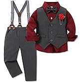 WESIDOM Toddler Boy Clothes Suit Formal Dress Shirt+Bowtie+Vest+Boutonniere+Suspender Pants Boys Gentleman Outfits Set
