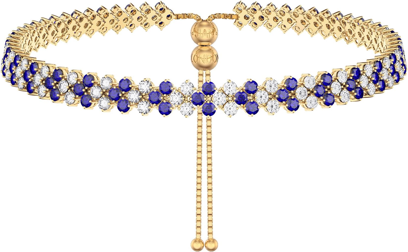 Eternity Three Row Sapphire and Diamond CZ 18ct Gold plated Silver Adjustable Choker Tennis Necklace