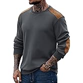 VOGSTART Men Waffle Elbow Patch Shirt Western Long Sleeve Fall Pullover(S-2XL)