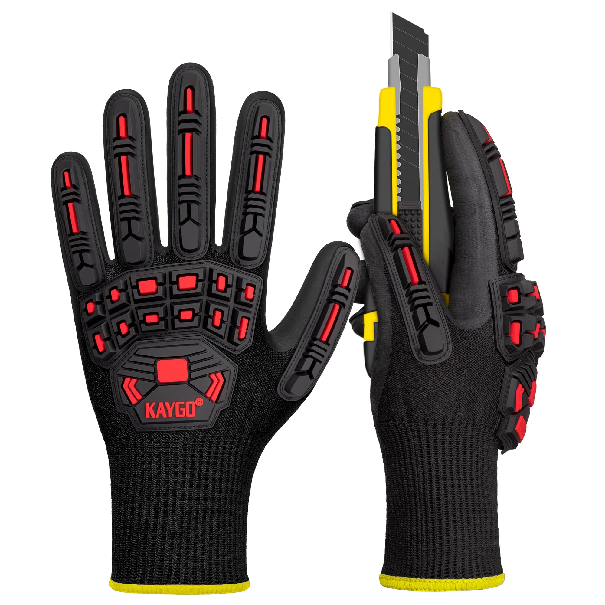 KAYGO Anti Impact Work Gloves with TPR Protection, Cut Resistant Level C, Nitrile Coated, Good Grip, Impact Reducing Safety Gloves, Ideal for Builder, Construction, Carpenter, DIY, KG30N (Black, L)
