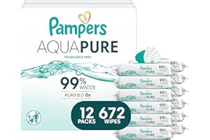 Pampers Aqua Pure Baby Wipes, 99% Water, Fragrance Free, Unscented, Water Based, Multi-Use, 672 Wipes Total (12X Flip-Top Pac