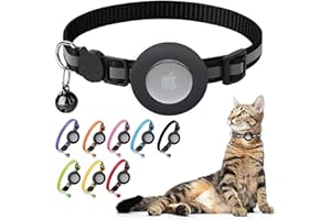 POLLY PINKS Airtag Cat Collar Breakaway Bell - Kitten Collar with Reflective Strip and Air Tag Holder - Waterproof Adjustable Pet Collar with Safety Release Buckle for Boy Girl Cats and Small Breed Dogs (Black)