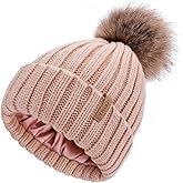 FURTALK Womens Winter Beanie Hat Satin Lined Faux Fur Pom Pom Beanies Hat for Women Winter Warm Knit Hats