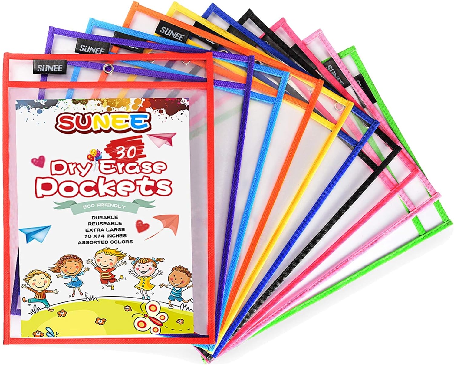 SUNEE Dry Erase Pockets 10 Packs - Reusable & Oversized 10" x 14" - Clear Durable Plastic Sleeves with 1 Book Ring for Classroom Organization, Teacher and School Supplies : Office Products