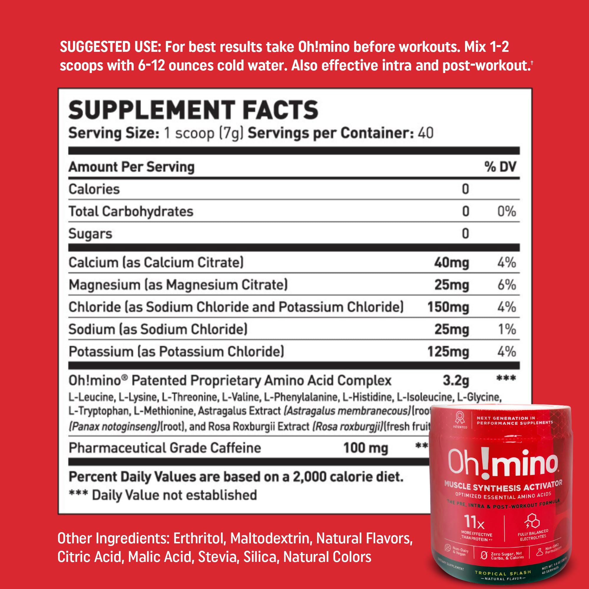Oh!mino Essential Amino Acids Supplement. Tropical Splash, Cafeeinated Powder. All 9 EAAs, BCAAs and The Perfect Amino for Workouts, Amino Energy, and to Build Muscle, and Recover Faster.