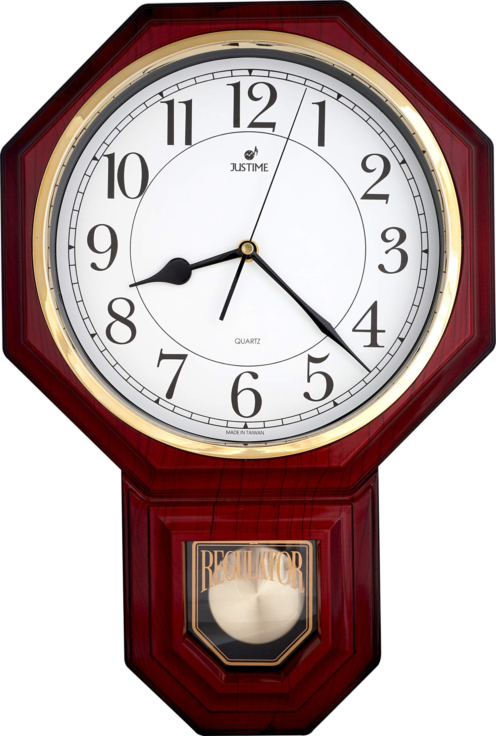 JUSTIME Traditional Schoolhouse Easy to Read Pendulum Plastic Wall Clock Chimes Every Hour with Westminster Melody Made in Taiwan, 4AA Batteries Included (PP0258-WRM Red Mahogany)