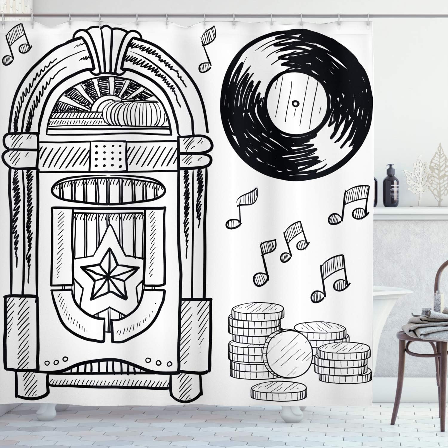 Ambesonne Jukebox Shower Curtain, Doodle Style Retro Music Box Notes Coins Long Play Vintage Sketchy Artwork, Cloth Fabric Bathroom Decor Set with Hooks, 75