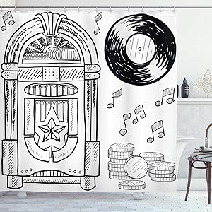 Ambesonne Jukebox Shower Curtain, Doodle Style Retro Music Box Notes Coins Long Play Vintage Sketchy Artwork, Cloth Fabric Bathroom Decor Set with Hooks, 75