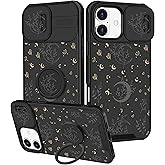 Goocrux for iPhone 16 Plus Case - Women Girls Cute Phone Cover Girly Pretty Fancy Unique Aesthetic Design Slide Camera Cover with Ring Stand Holder Cases for Apple for iPhone 16 Plus,Black Moon Stars