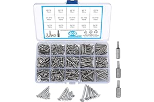 QIWUHAI 400 Pcs M3/M3.5/M4 Wood Screws, Torx Head Pan Head Self Tapping Screws, Stainless Steel Flat Head Drywall Screws Assortment Kit for Wood, with 3 Pcs Bits (400 Silver)
