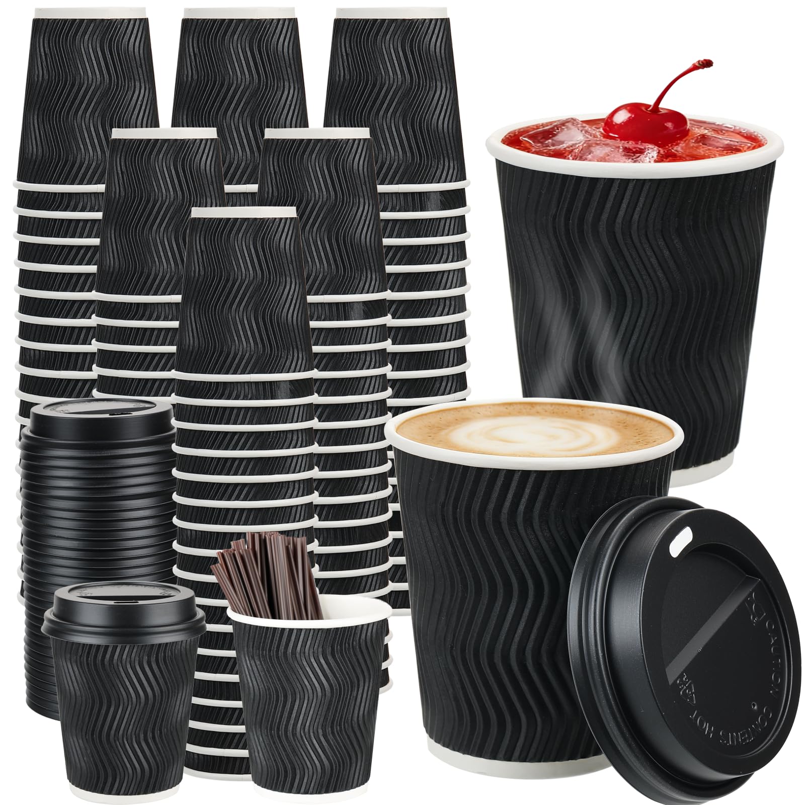 Photo 1 of 100 Pack 8 oz Disposable Coffee Cups with Lids and Straws, To go Insulated Corrugated Thick Paper Coffee Cups for Hot/Cold Beverages, Ripple Wall Cups for Espresso Coffee, Hot Chocolate and Cocoa