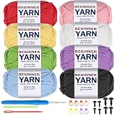 8x50g Beginner Crochet Cotton Yarn for Crocheting Easy-to-See Stitches | Soft Chunky Yarn and Accessories, 8 Colors Each 87 Yards, Includes Hooks, Sewing Needle and Markers, for Handmade Craft Gifts