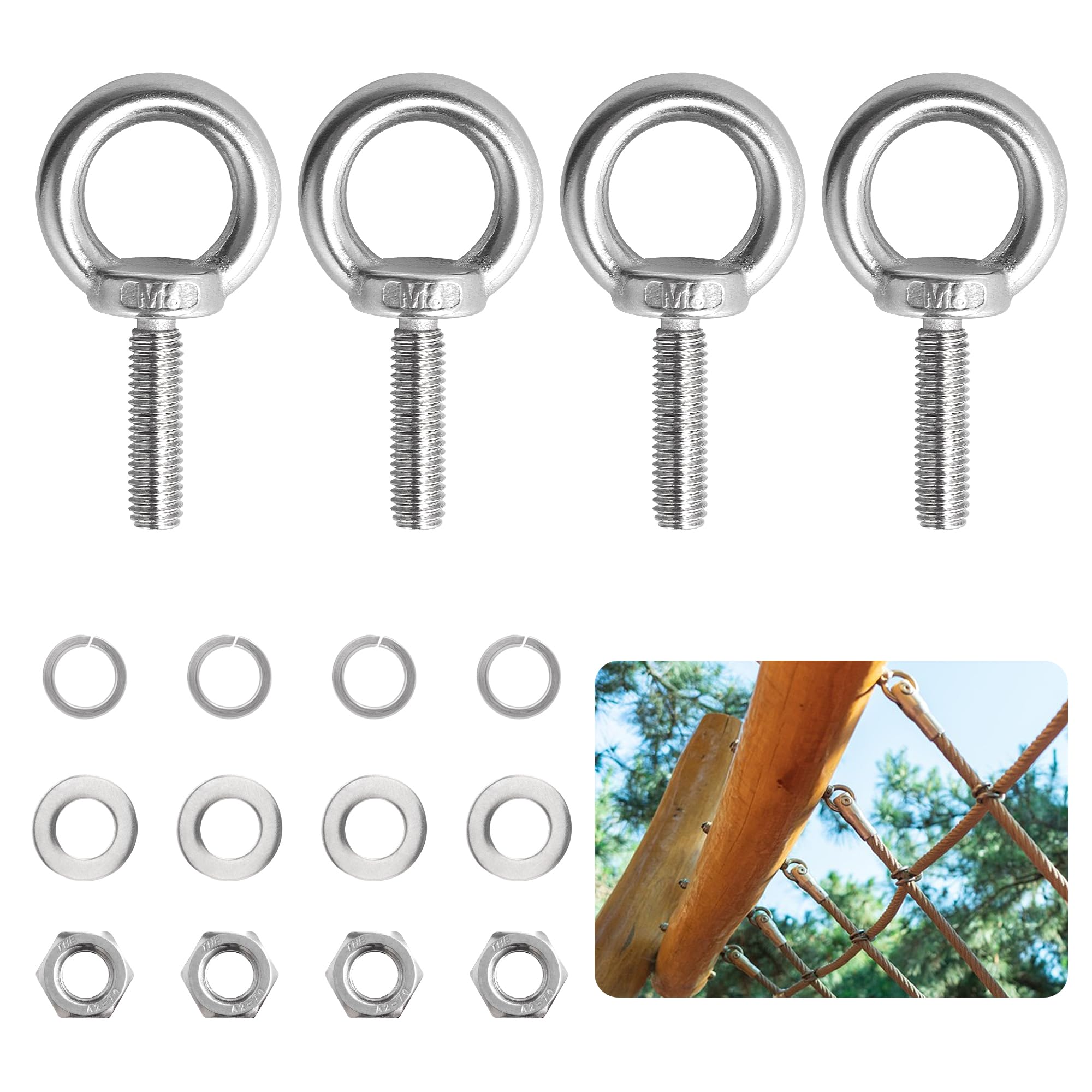 DesertBoy M8 Stainless Steel Lifting Eye Bolts, 4 Pcs, M8 x 30 mm, Ring Shape Eyebolts, with Hex Nuts & Washers, for Hanging