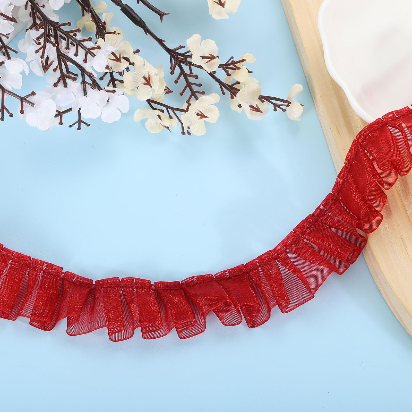 Photo 1 of uxcell 11 Yards Ruffle Lace Trim Ribbon, 1" Pleated Organza Lace Edge Trim, Burgundy, Polyester, General Use, Formal