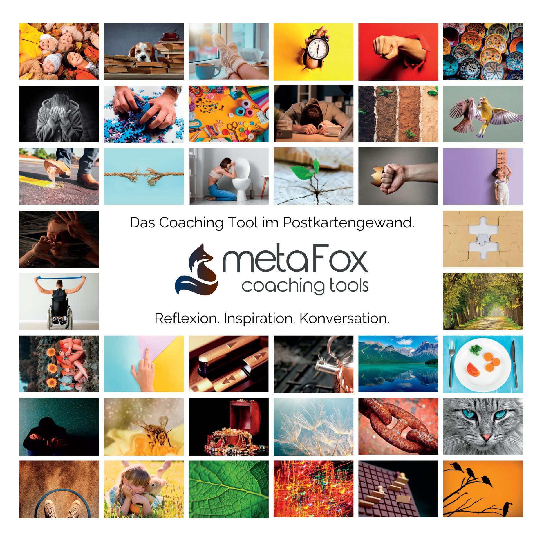 metaFox - Gefühlspalette - 52 Bildkarten Set mit Fragen zum Erkennen von Gefühlen, als Eisbrecher, in der Gruppentherapie und in Workshops - als Coaching-Karten, Gefühlskarten und Affirmationskarten