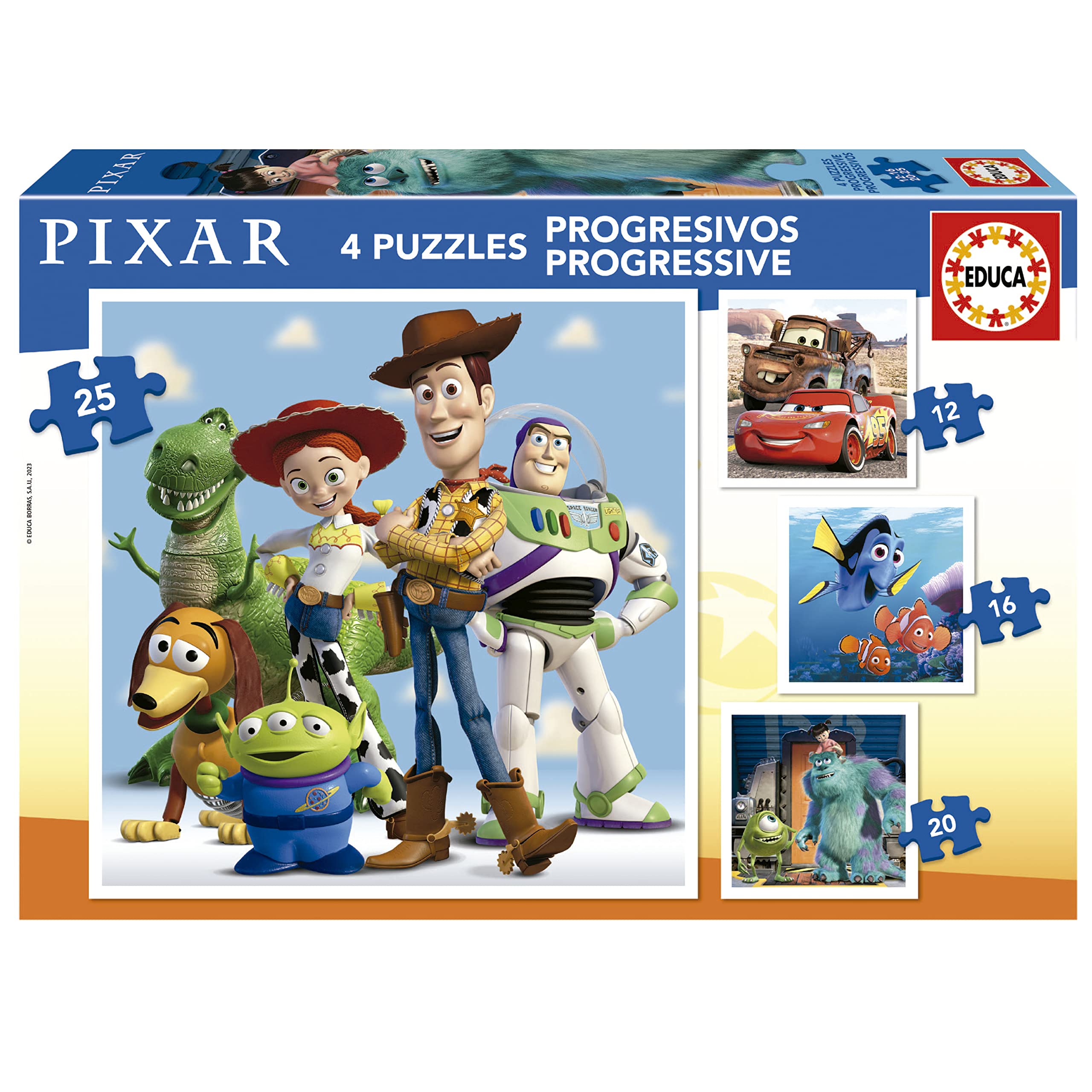 Educa 19681 Progressive Disney Pixar 12-16-20-25, Assorted, 16 x 16 cm
