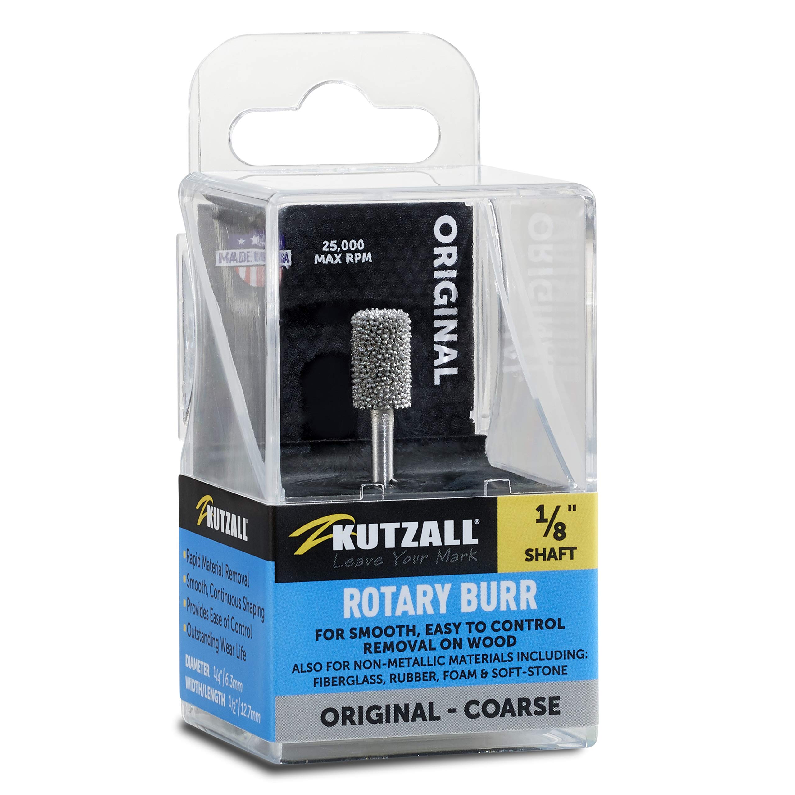 Kutzall Original Cylinder Rotary Burr, 1⁄8" Shaft, Coarse - Woodworking Attachment for use with Dremel, Foredom, Milwaukee. Abrasive Tungsten Carbide, 1⁄4" (6.3mm) Dia. X 1⁄2" (12.7mm) Length, C-14-E