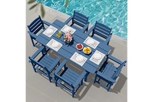 PLUUV Outdoor HDPE Dining Set, 7 Pieces Outdoor Furniture with Large Table& 6 Chairs, All-Weather Patio Dining Set for Lawn, Garden, Backyard, Navy