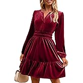 Simplee Womens Velvet Dress 2025 Fall Cocktail Long Sleeve Empire V Neck Wedding Guest Holiday Mini Dresses with Pockets