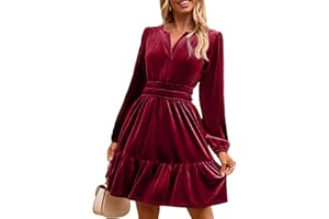 Simplee Womens Velvet Dress 2025 Fall Cocktail Long Sleeve Empire V Neck Wedding Guest Holiday Mini Dresses with Pockets