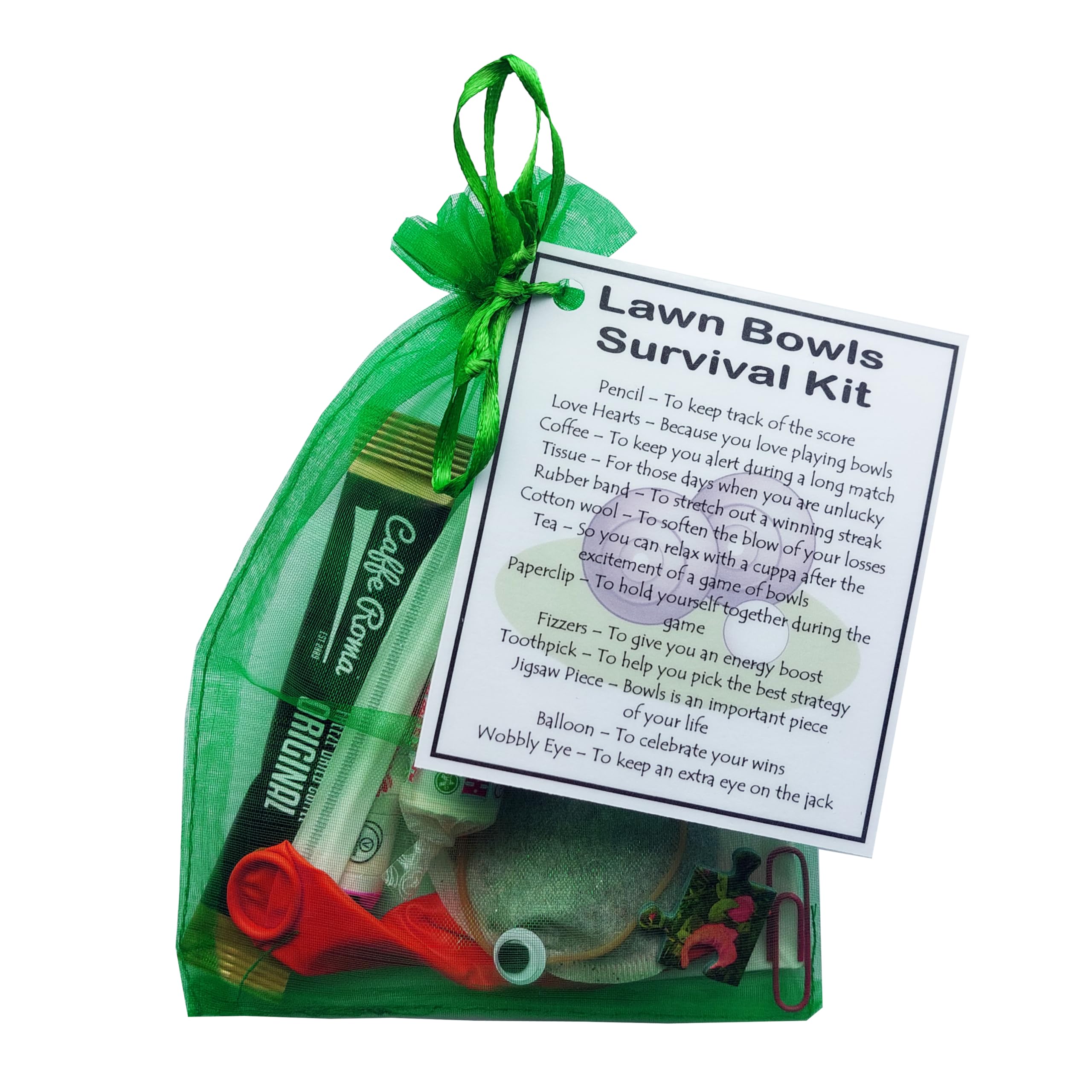 SMILE GIFTS UK Lawn Bowls Survival Kit Gift (Small Novelty Bowling Present) Green Bag.